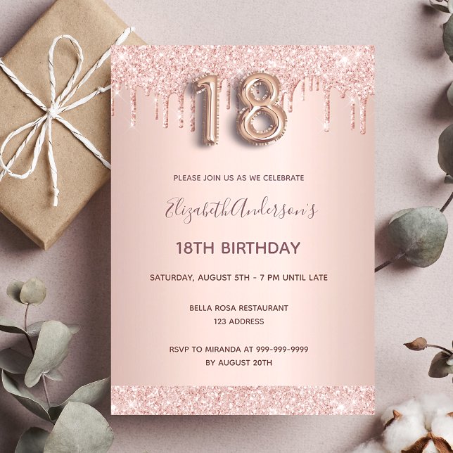 Invitación rosa de 18 años purpurina de oro gotea glam rosa (Subido por el creador)