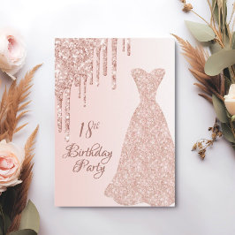 Invitación rosa de 18 años vestido de oro purpurina goteo