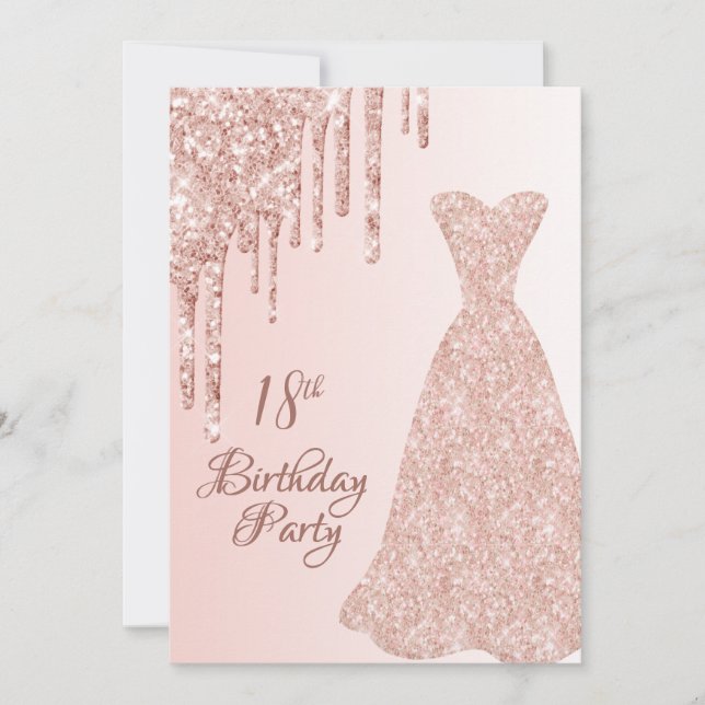 Invitación rosa de 18 años vestido de oro purpurina goteo (Anverso)