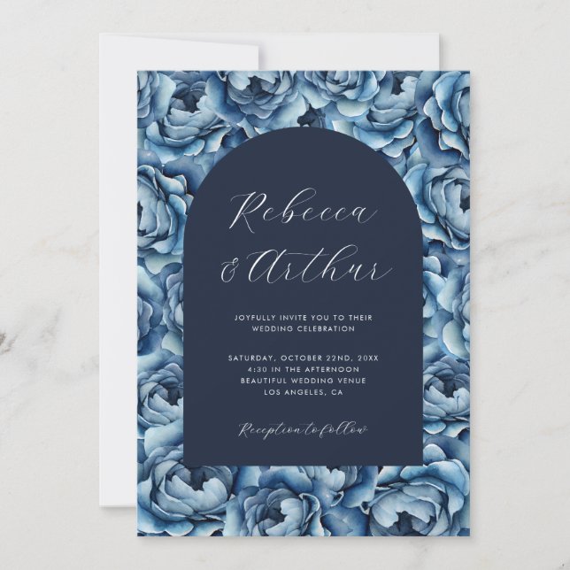 Invitación Rosa de acuarela azul de la Marina Boda de fotogra (Anverso)