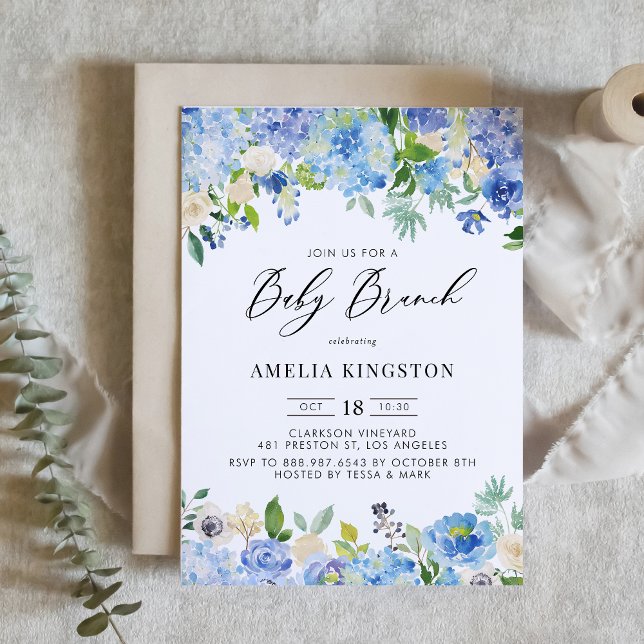 Invitación Rosa de acuarela azul e hidrangea Baby Brunch (Subido por el creador)