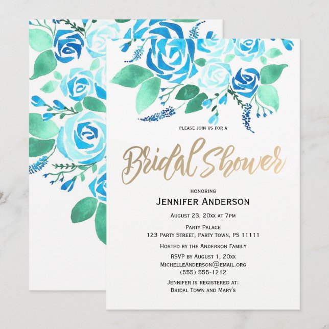 Invitación Rosa de acuarela Blue Green Bridal Shower (Anverso / Reverso)
