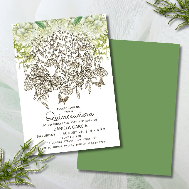 Invitación Rosa de acuarela Butterfly Bloom Quinceañera (Subido por el creador)