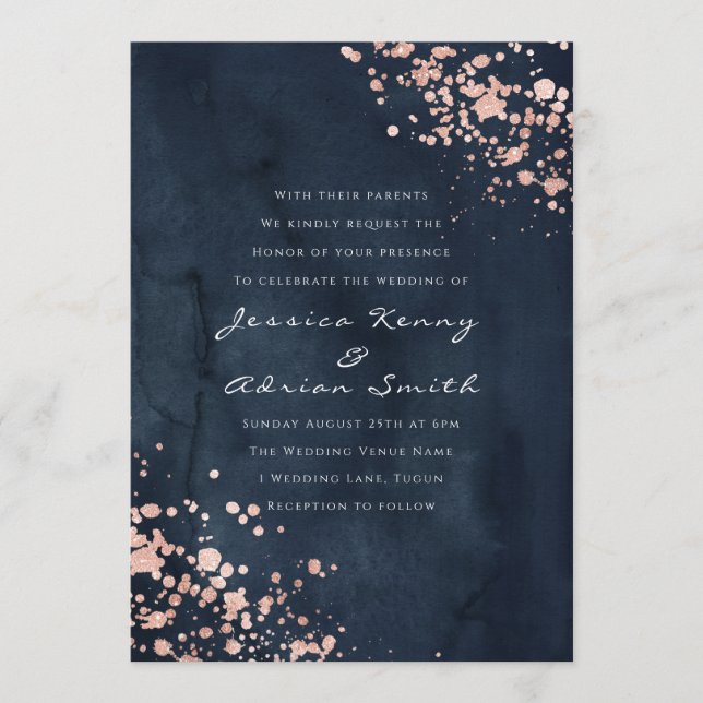 Invitación Rosa de acuarela de la marina moderna Boda de diam (Anverso)