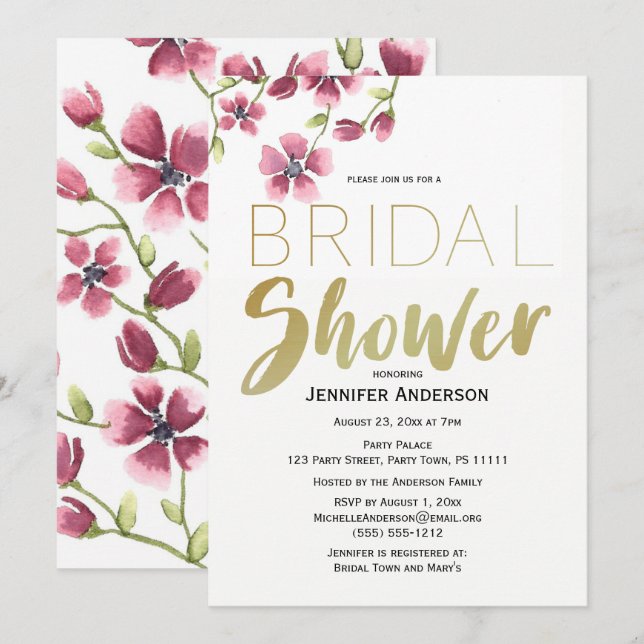 Invitación Rosa de acuarela Ducha de novias (Anverso / Reverso)
