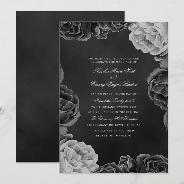 Invitación Rosa de acuarela elegante monocromo gótico (Anverso / Reverso)
