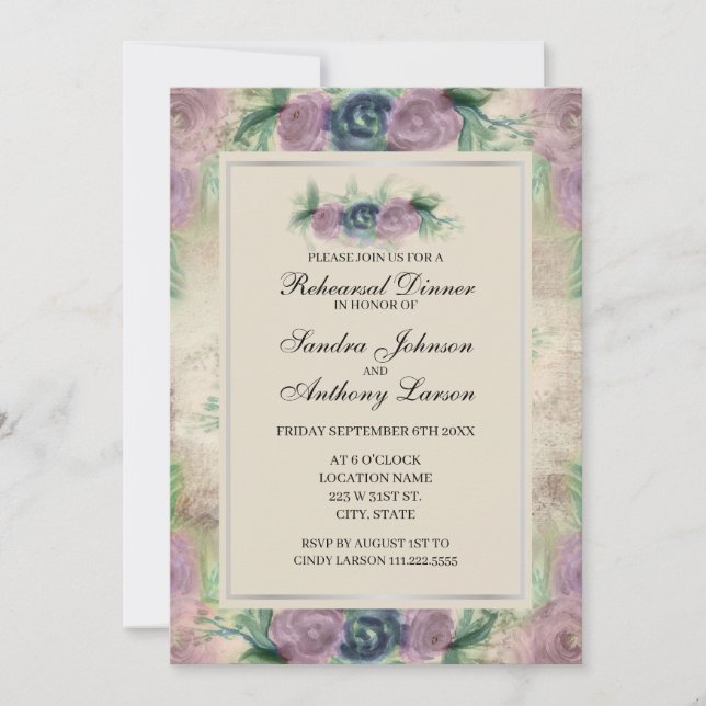 Invitación Rosa de acuarela floral Boda Ensayo de cena (Anverso)