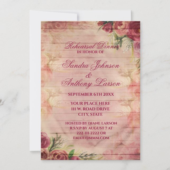 Invitación Rosa de acuarela floral ensayo Boda (Anverso)