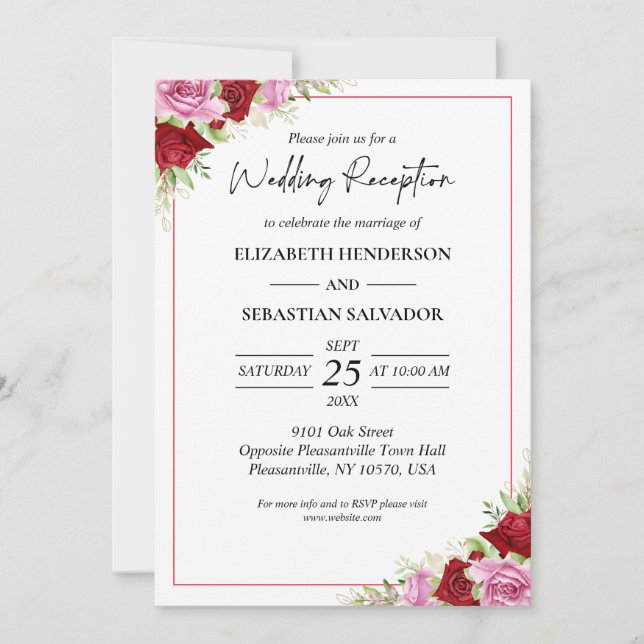 Invitación Rosa de acuarela floral Recepción de boda (Anverso)