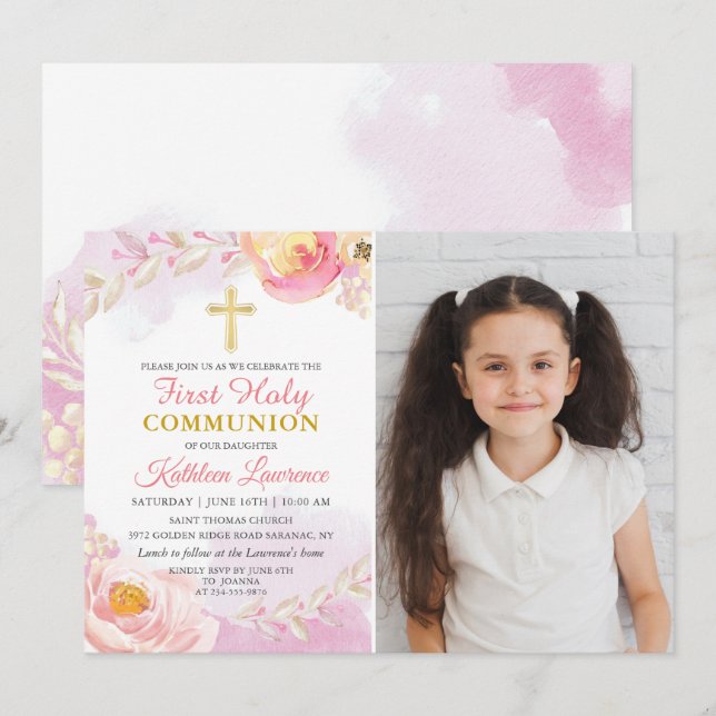 Invitación Rosa de acuarela Jardín primero foto de la comunió (Anverso / Reverso)