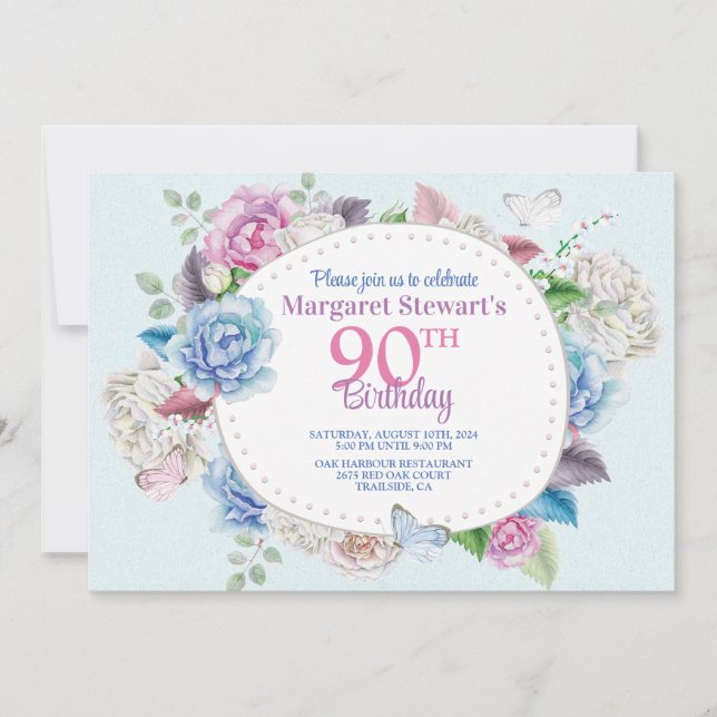 Invitación Rosa de acuarela Marco floral 90 cumpleaños (Anverso)