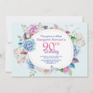 Invitación Rosa de acuarela Marco floral 90 cumpleaños