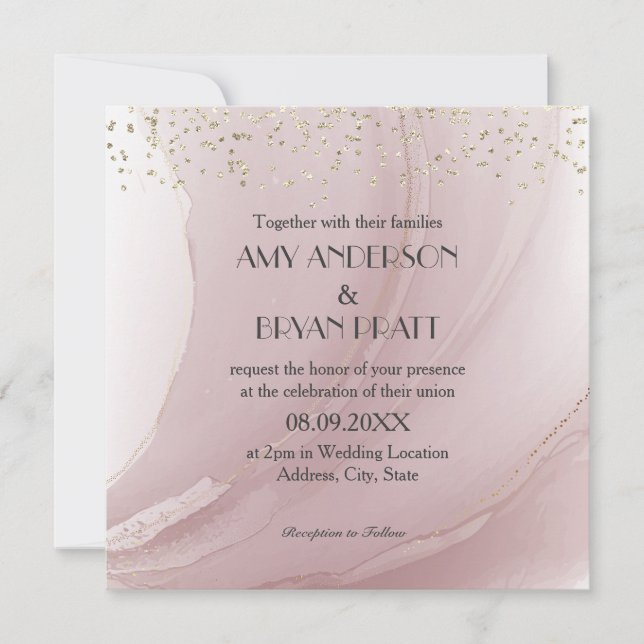Invitación Rosa de acuarela Mármol de oro (Anverso)