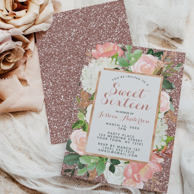 Invitación Rosa De Acuarela Oro Purpurina Rosa Dulce Dieciséi (Subido por el creador)