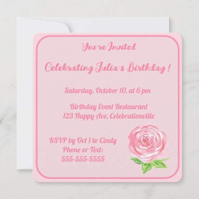 Invitación Rosa de acuarela pintada a mano FELIZ CUMPLEAÑOS  (Anverso)