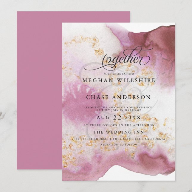 Invitación Rosa de acuarela Quartz Gold Geode BarefootBride™ (Anverso / Reverso)