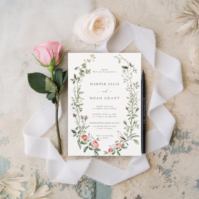 Invitación Rosa de acuarela Vine Bird Moda de cabaña Boda (watercolor wedding invitation french countryside cottage barn backyard outdoors indoors nature)