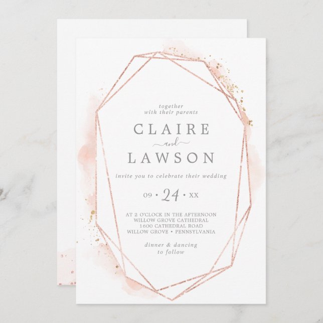 Invitación Rosa De Agua Oro Geométrica Todo En Un Boda (Anverso / Reverso)