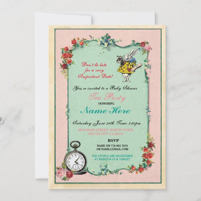 Invitación rosa de Alice In Wonderland Baby Shower (Anverso)
