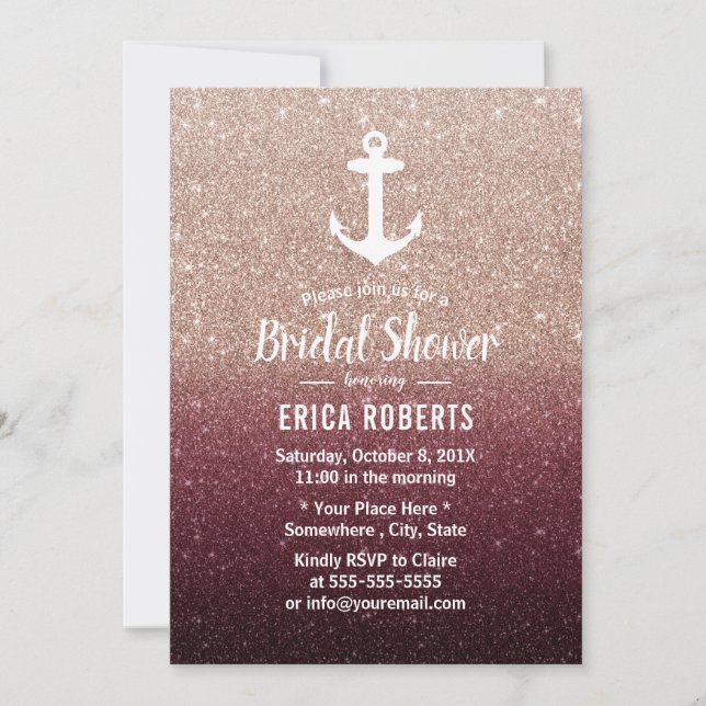 Invitación Rosa de Ancla Náutica Ombre Ombre Ducha Bridal (Anverso)