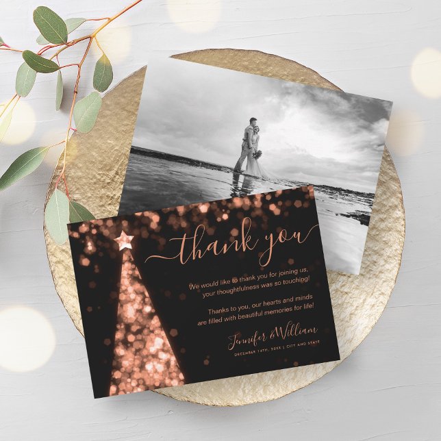 Invitación Rosa de árbol festivo Boda de oro Foto Gracias (Festive Tree Rose Gold Wedding Photo Thank You Invitation)