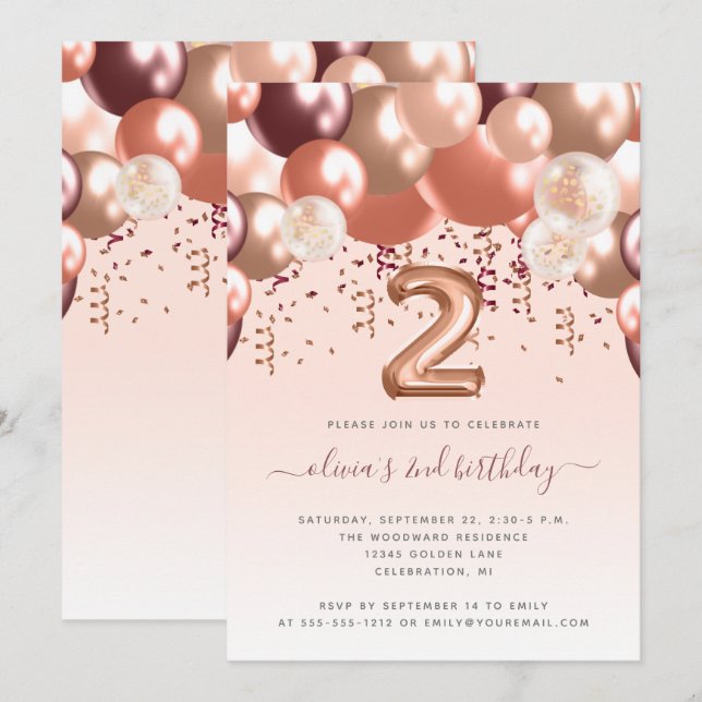 Invitación Rosa de Arco Globo Dorado Borgoña Fiesta de cumple (Anverso / Reverso)