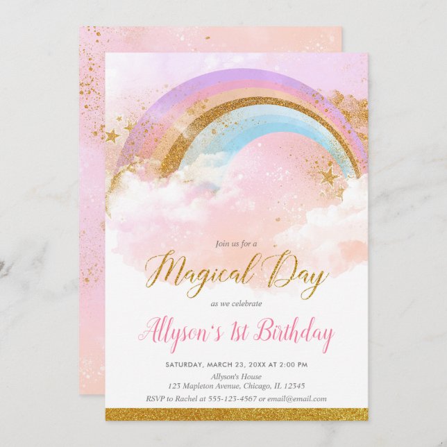 Invitación Rosa de arco iris y fiesta de cumpleaños en (Anverso / Reverso)