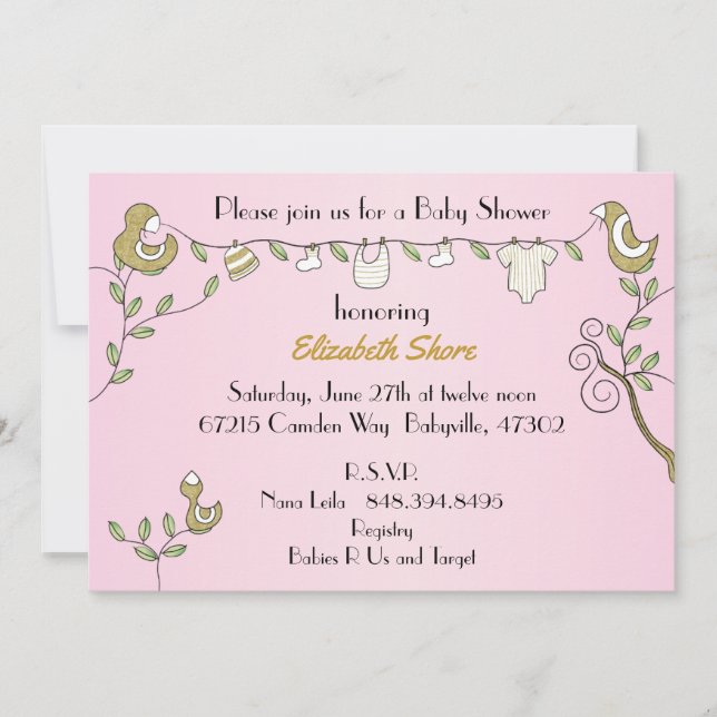 Invitación rosa de Baby Shower "Aves doradas" (Anverso)
