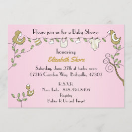 Invitación rosa de Baby Shower "Aves doradas"