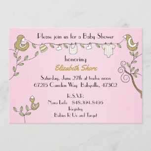 Invitación rosa de Baby Shower "Aves doradas"