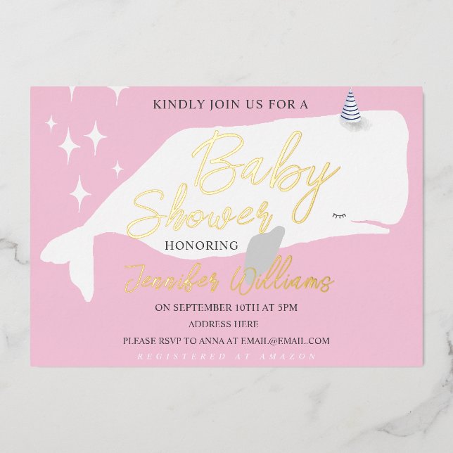 Invitación rosa de Baby Shower Chica de ballenas b (Anverso)