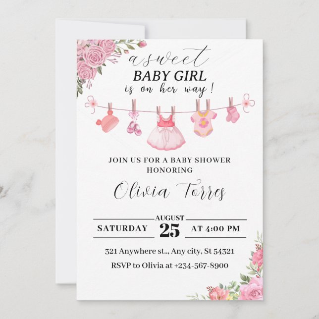 Invitación rosa de Baby Shower con línea de ropa p (Anverso)
