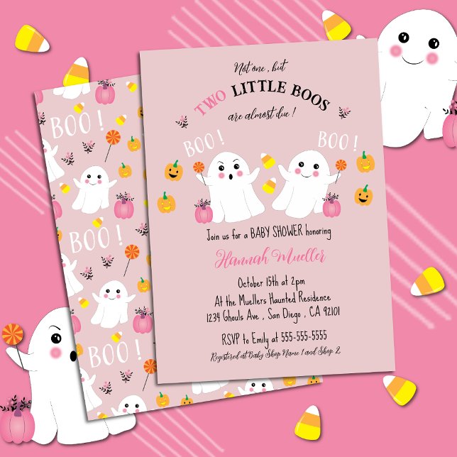 Invitación rosa de baby shower de gemelos con temá (Adorable Twin Girls Baby Shower Invitation with a Halloween Theme .)