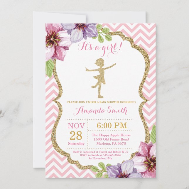 Invitación Rosa de Baby Shower de la bailarina y purpurina (Anverso)