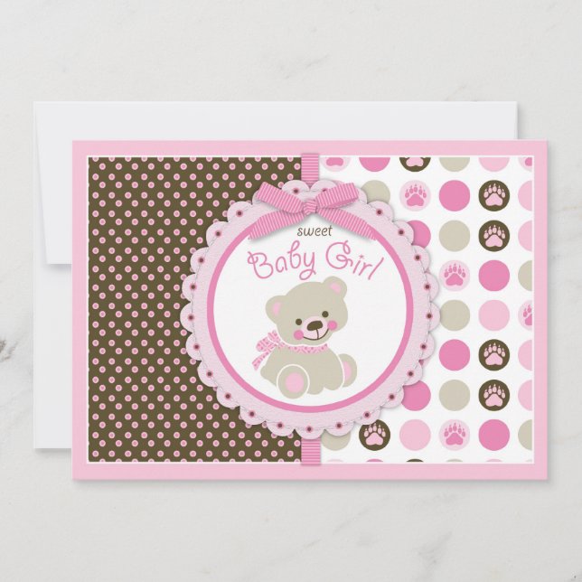 Invitación Rosa de Baby Shower de la niña del oso de peluche (Anverso)