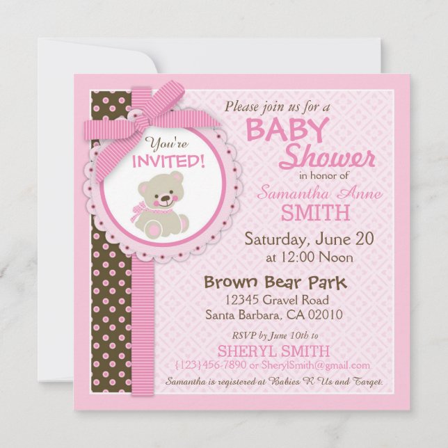 Invitación Rosa de Baby Shower del chica del oso de peluche (Reverso)