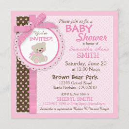 Invitación Rosa de Baby Shower del chica del oso de peluche