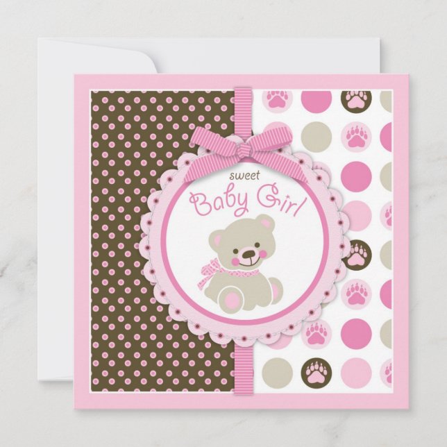 Invitación Rosa de Baby Shower del chica del oso de peluche (Anverso)