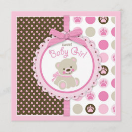 Invitación Rosa de Baby Shower del chica del oso de peluche