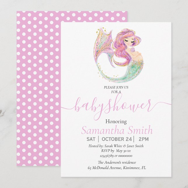 Invitación rosa de BABY SHOWER MERMAID (Anverso / Reverso)