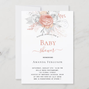 Invitación rosa de Baby Shower oro plata floral blanco elegan