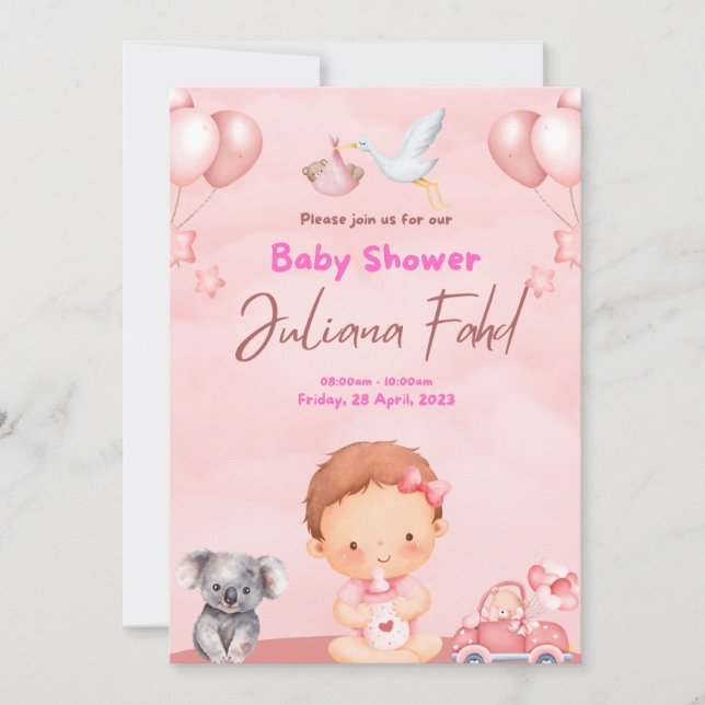 Invitación rosa de Baby Shower para Chicas - Curso (Anverso)