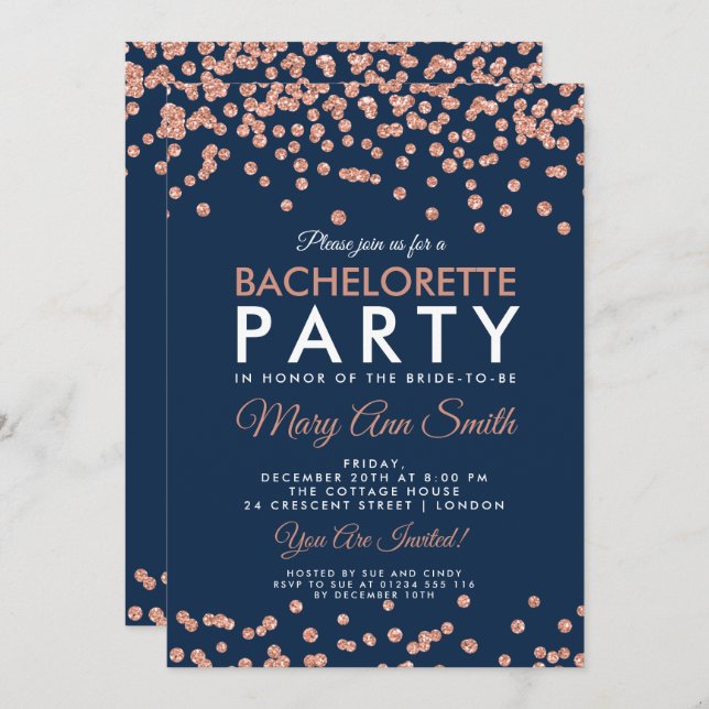 Invitación Rosa de Bachelorette Purpurina de Oro Confetti Nav (Anverso / Reverso)