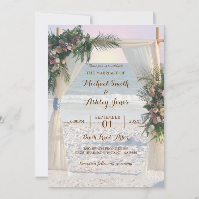 Invitación Rosa de Beach Arbor  de hojas tropicales Boda de l (Anverso)
