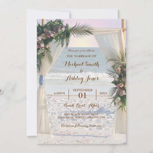 Invitación Rosa de Beach Arbor  de hojas tropicales Boda de l (Anverso)