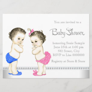 Invitación Rosa de bebés adorable y Baby Shower gemelo azul