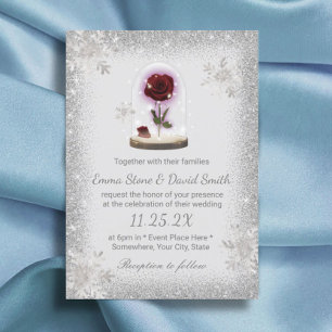 Invitación Rosa de belleza de la boda de invierno de los copo