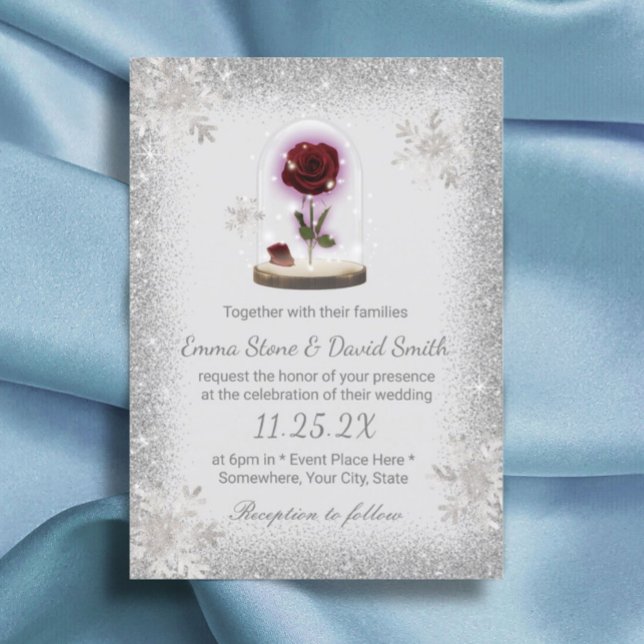 Invitación Rosa de belleza de la boda de invierno de los copo (Subido por el creador)