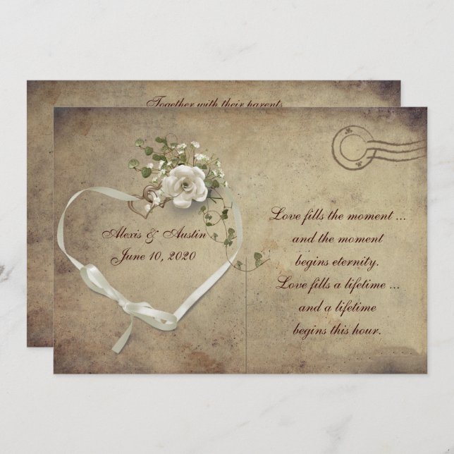 Invitación rosa de Boda blanco crema (Anverso / Reverso)