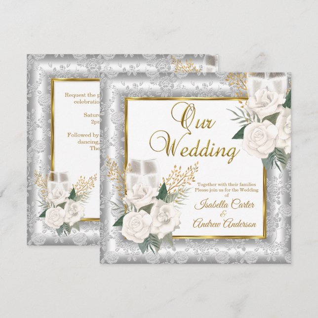 Invitación Rosa de Boda Champán Oro Plata Damask (Anverso / Reverso)
